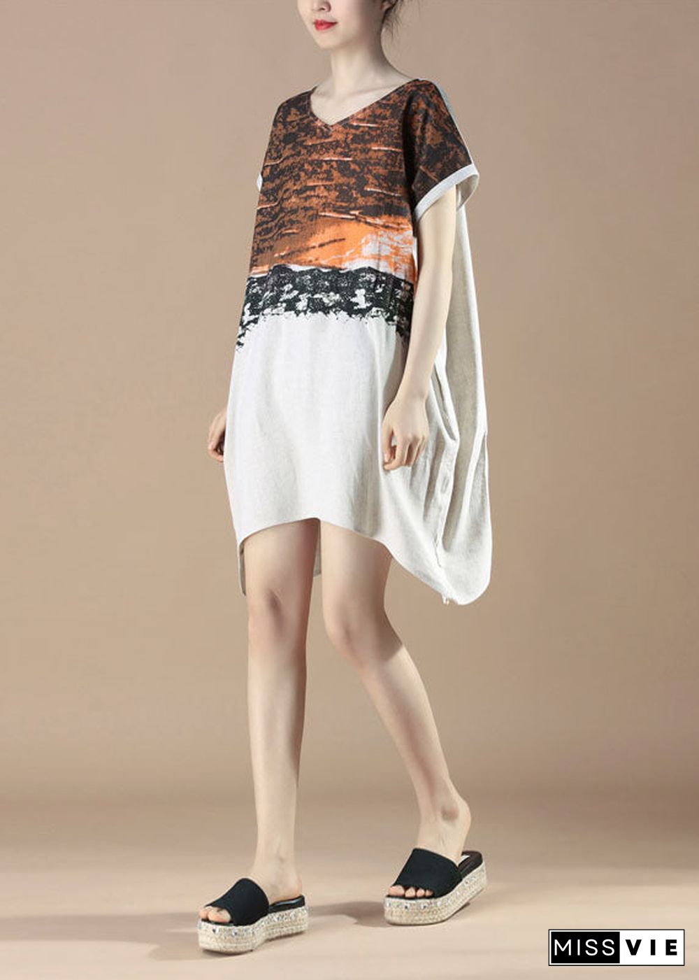 Unique Orange V Neck Print Patchwork Cotton Dress Summer