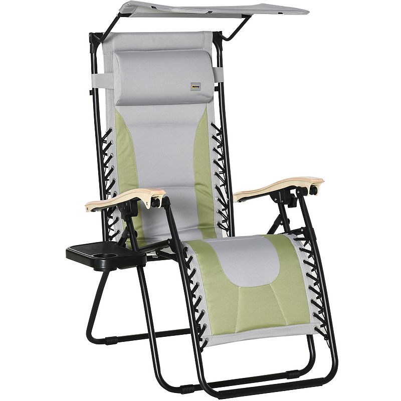 Outsunny Zero Gravity Lounger Chair Folding Reclining Patio Chair with Cup Holder Shade Cover and Headrest for Poolside Events and Camping Green