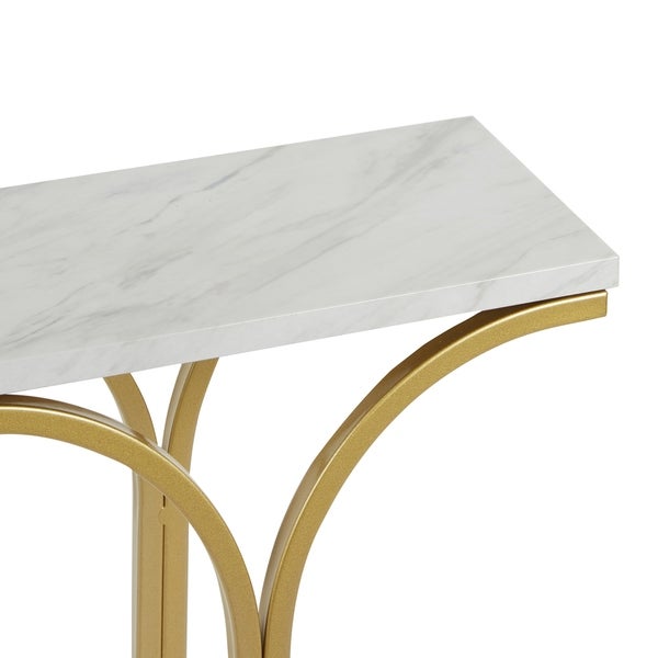 Suzanne Slim Metal Console Table with Faux Marble Top， Gold Finish