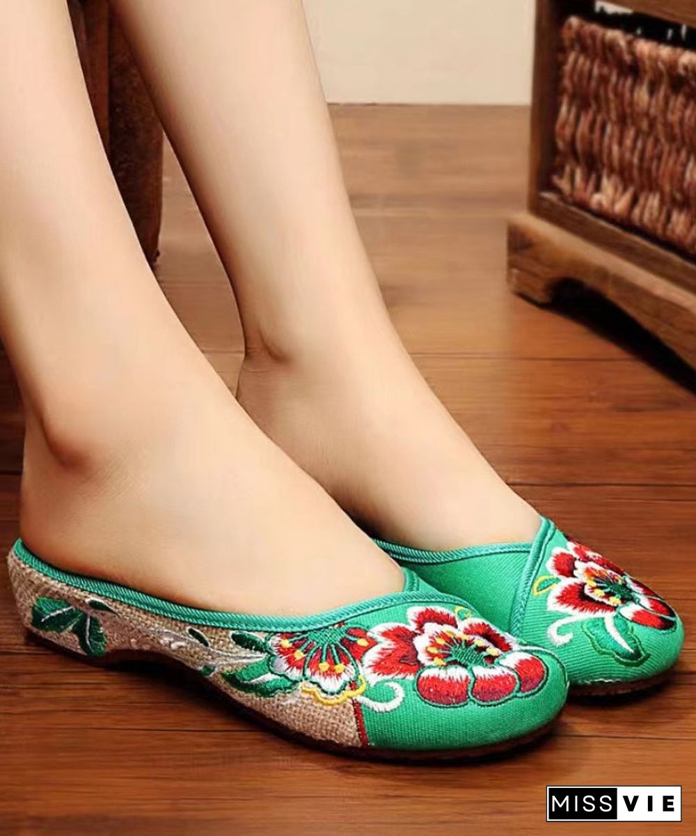 Green Cotton Fabric Retro Embroidery Splicing Slide Sandals