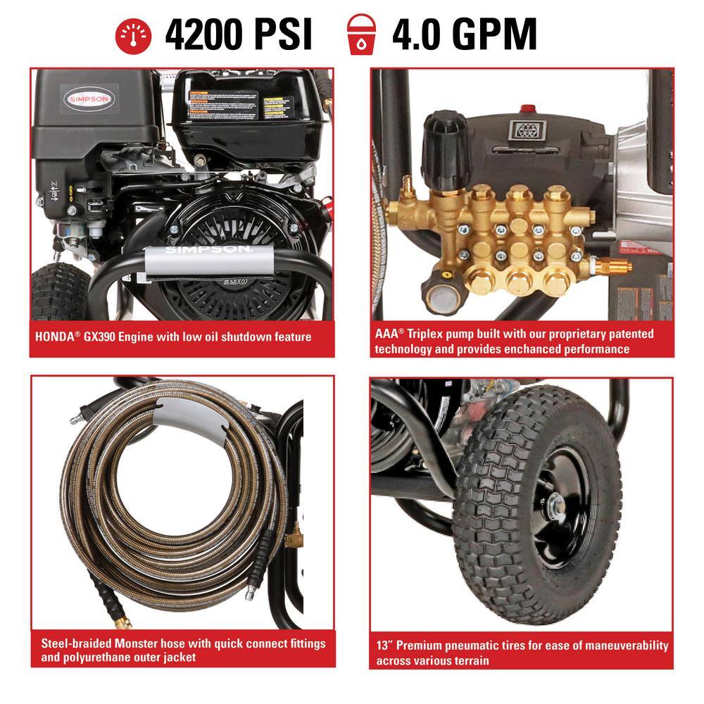 SIMPSON PowerShot 4200 PSI 4 GPM Gas Cold Water Professional Gas Pressure Washer with HONDA GX390 Engine (49-State) PS4240