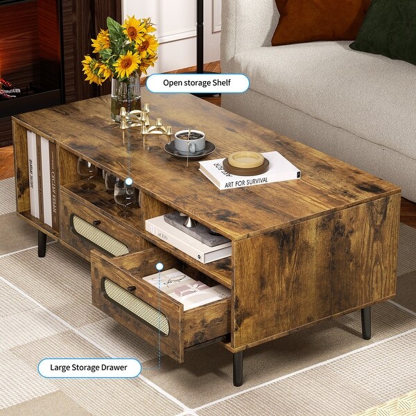 Mixoy Coffee Table，Mid Century Modern Coffee Table with 3 Open Shelves and 2 Storage Cabinets for Living Room