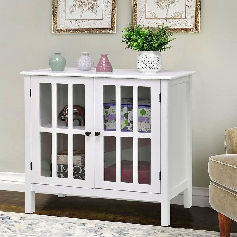 White Wood Bathroom Storage Floor Cabinet With Glass Doors