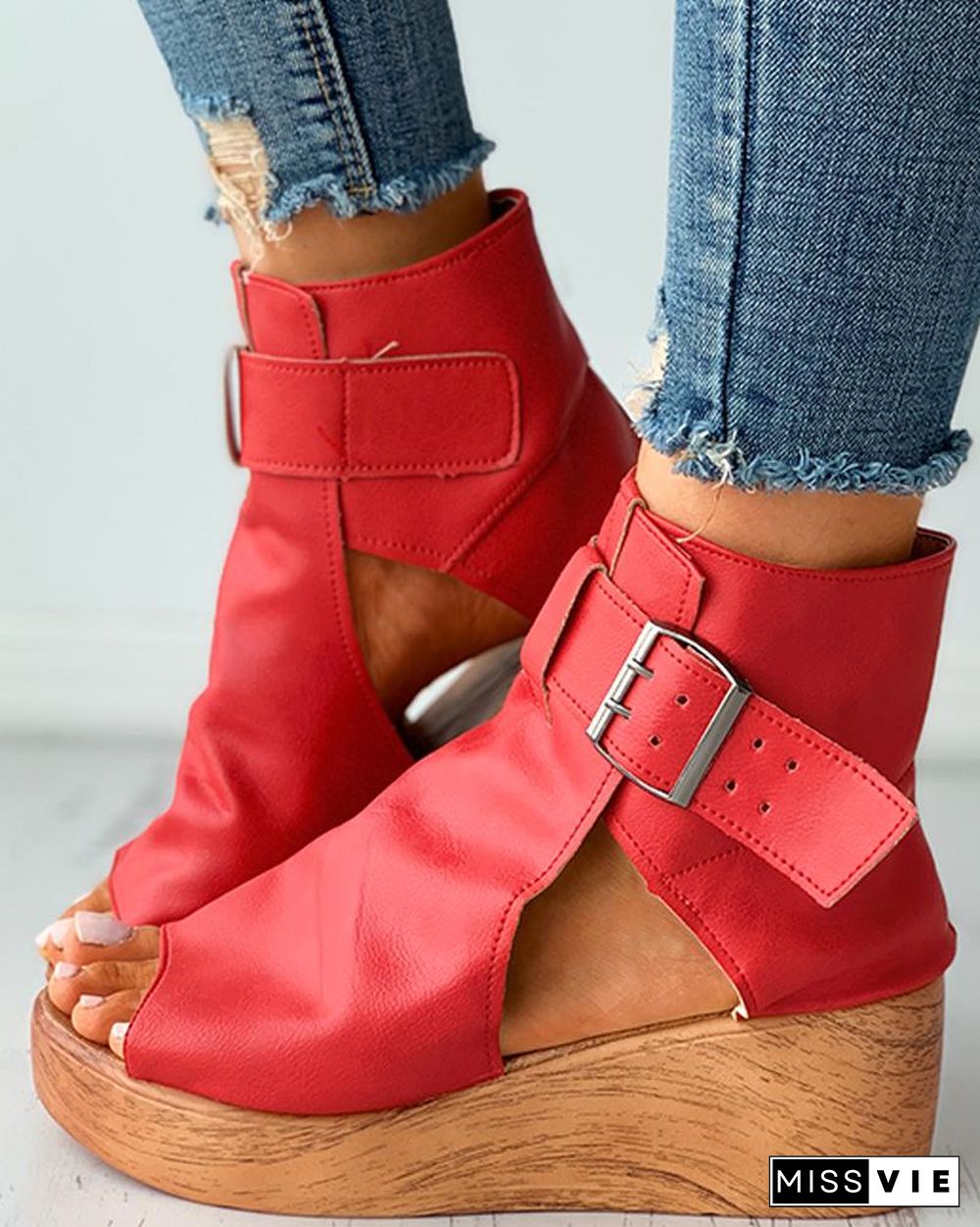 Eyelet Buckled Cutout Wedge Sandals