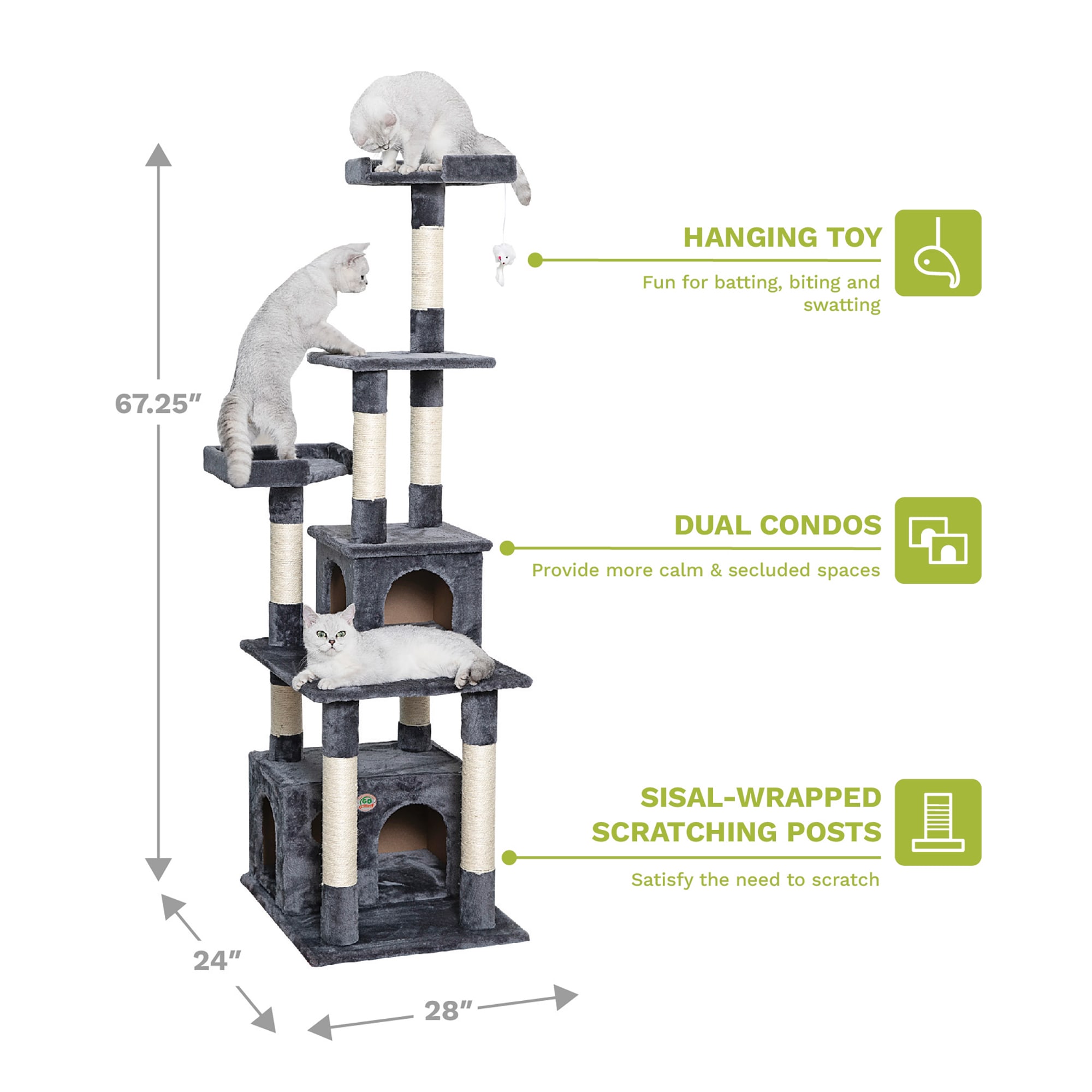 Go Pet Club Classic Gray Cat Tree Condo Furniture with Sisal Scratching Posts， 67.25