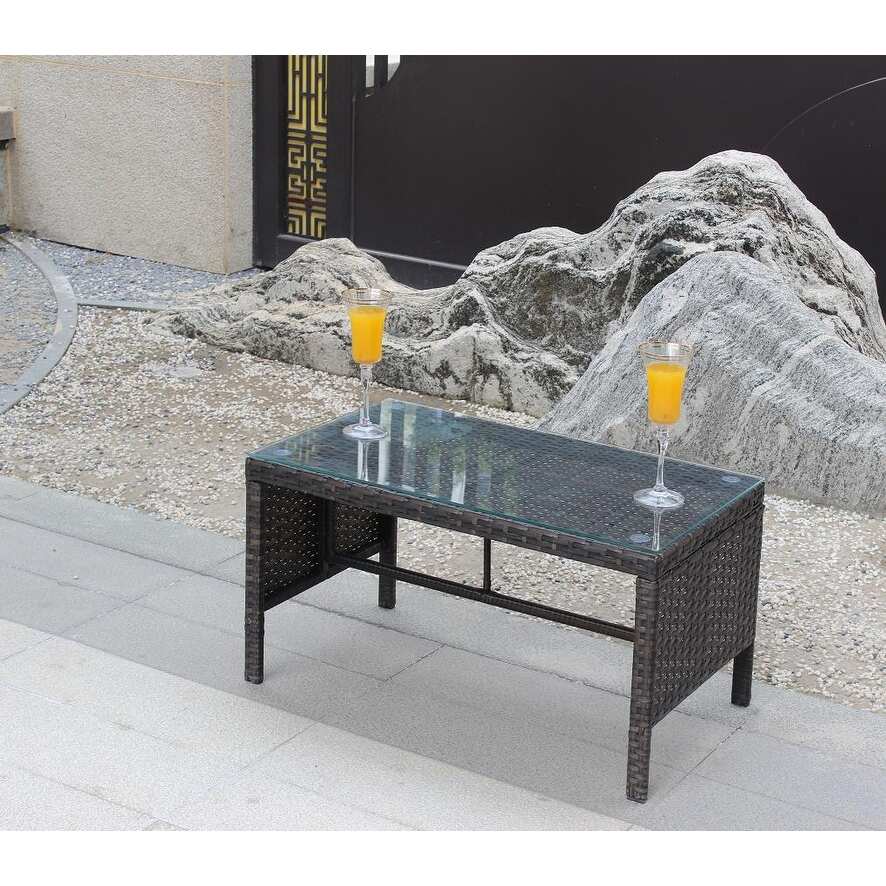 Outdoor Brown Wicker Coffee Table with Clear Tempered Glass