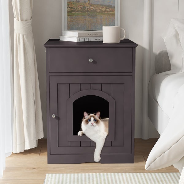 Wooden Pet House Side Table with Drawer，Espresso