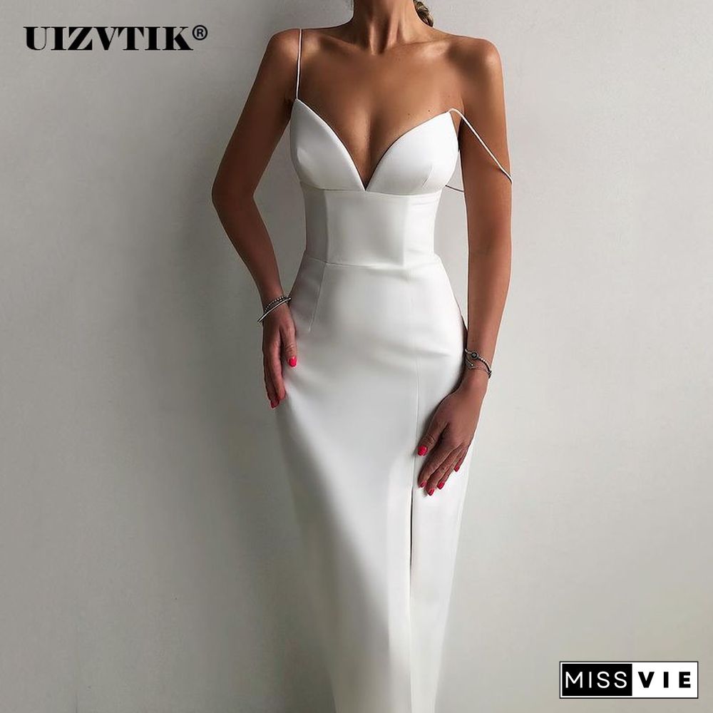 White V-Neck Spaghetti Strap Bodycon Midi DressesFor Women Summer Elegant Sexy Split Backless Evening Long Party Dress