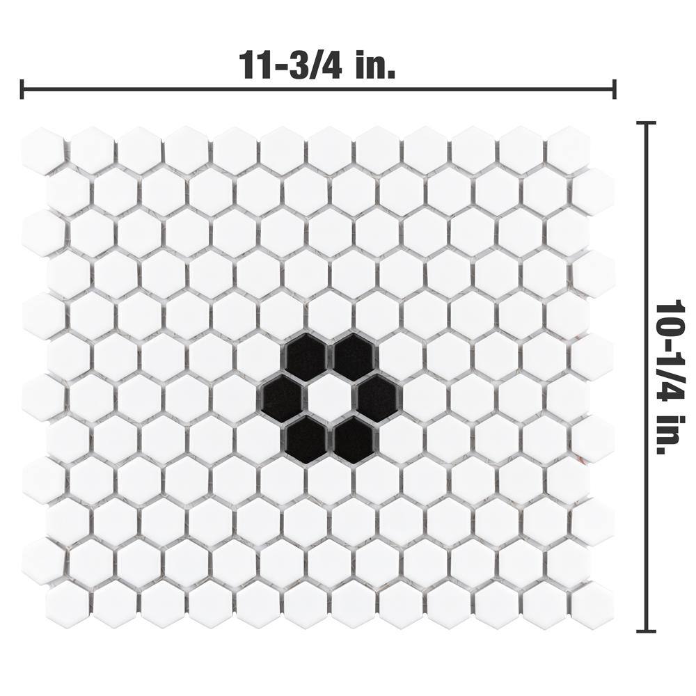 Merola Tile Metro 1 in. Hex Matte White with Single Flower 10-14 in. x 11-78 in. Porcelain Mosaic Tile (8.6 sq. ft.Case) FXLM1HMF