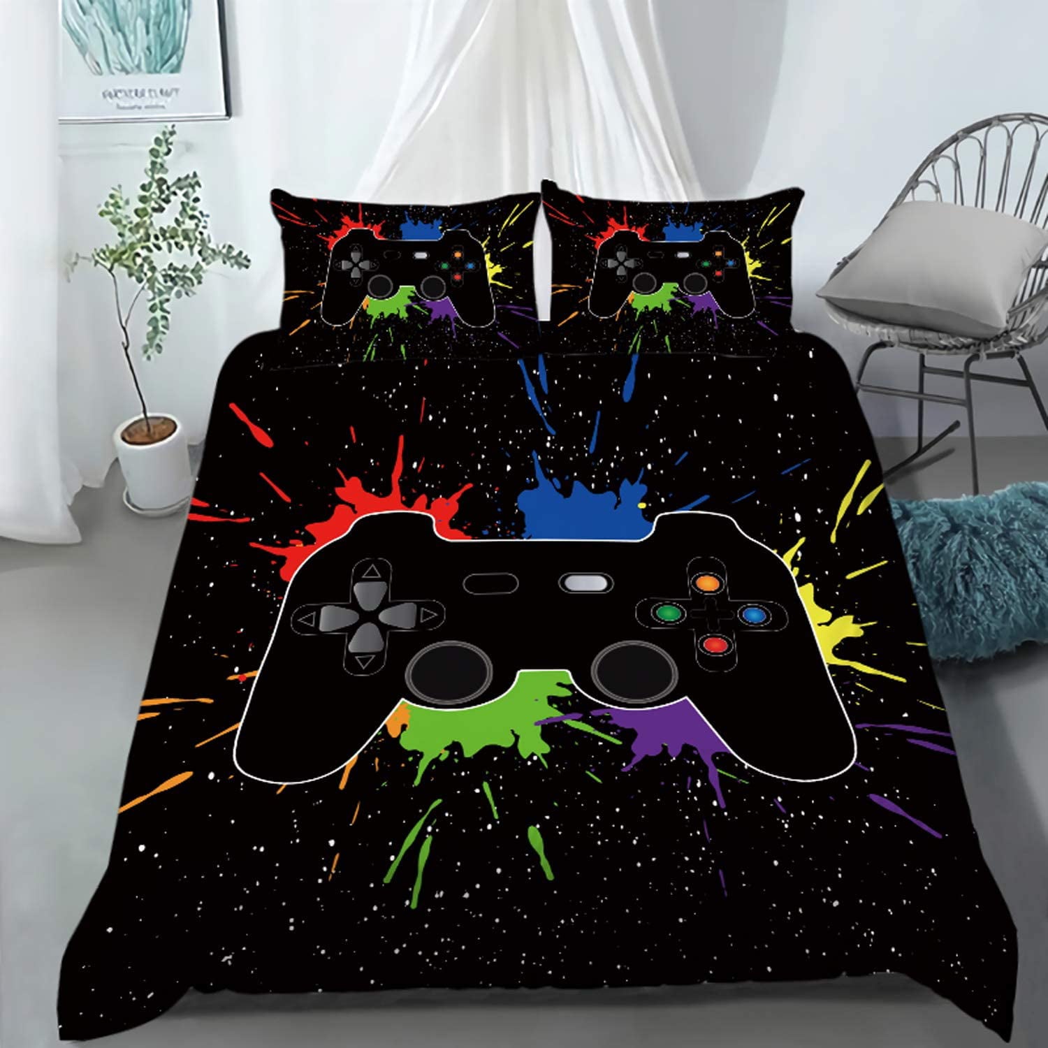 Gaming Duvet Cover Set for Boys，  Twin Size，Boys Video Games Bedding Cover，Playstation Designs Bed Set for Teen Boys Bedroom，Gamepad with Controller 1 Quilt Cover + 1 Pillowcases（No Comforter）