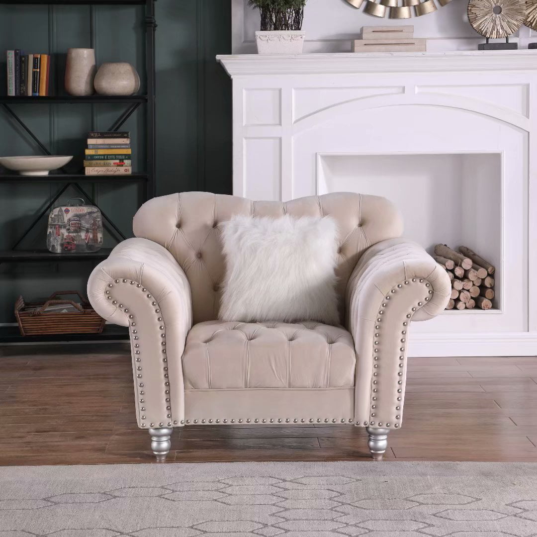 Morden Fort Luxury Velvet Living Room Chair Chesterfield Tufted Camel Back Armchair, Beige