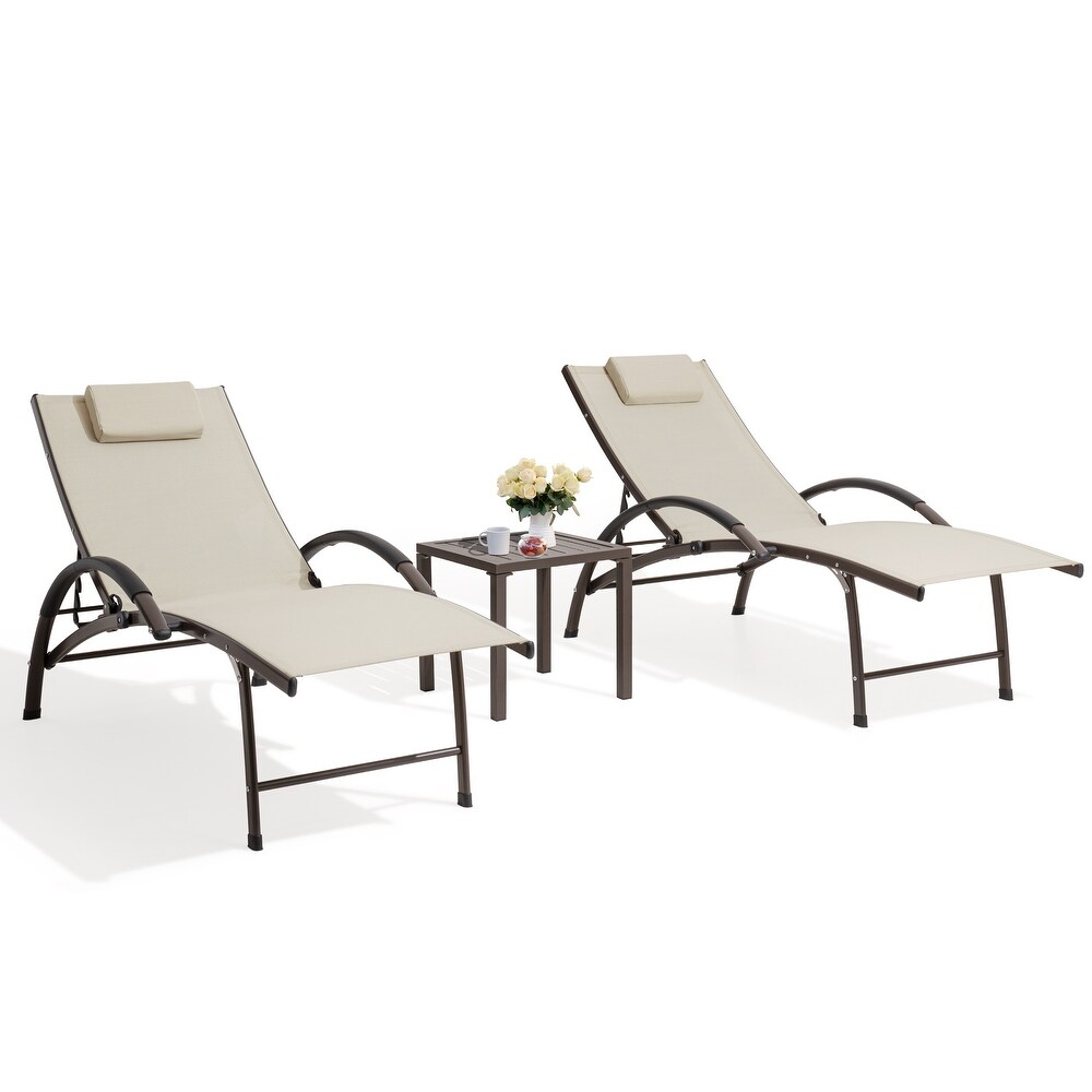 Crestlive Products Outdoor Aluminum Folding Adjustable Reclining Chaise Lounge Chairs and Table Set(Set of 3)