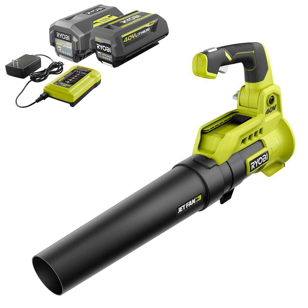 RYOBI 40V 110 MPH 525 CFM Cordless Battery Variable-Speed Jet Fan Leaf Blower with (2) 4.0 Ah Batteries and (1) Chargers RY40480-2B