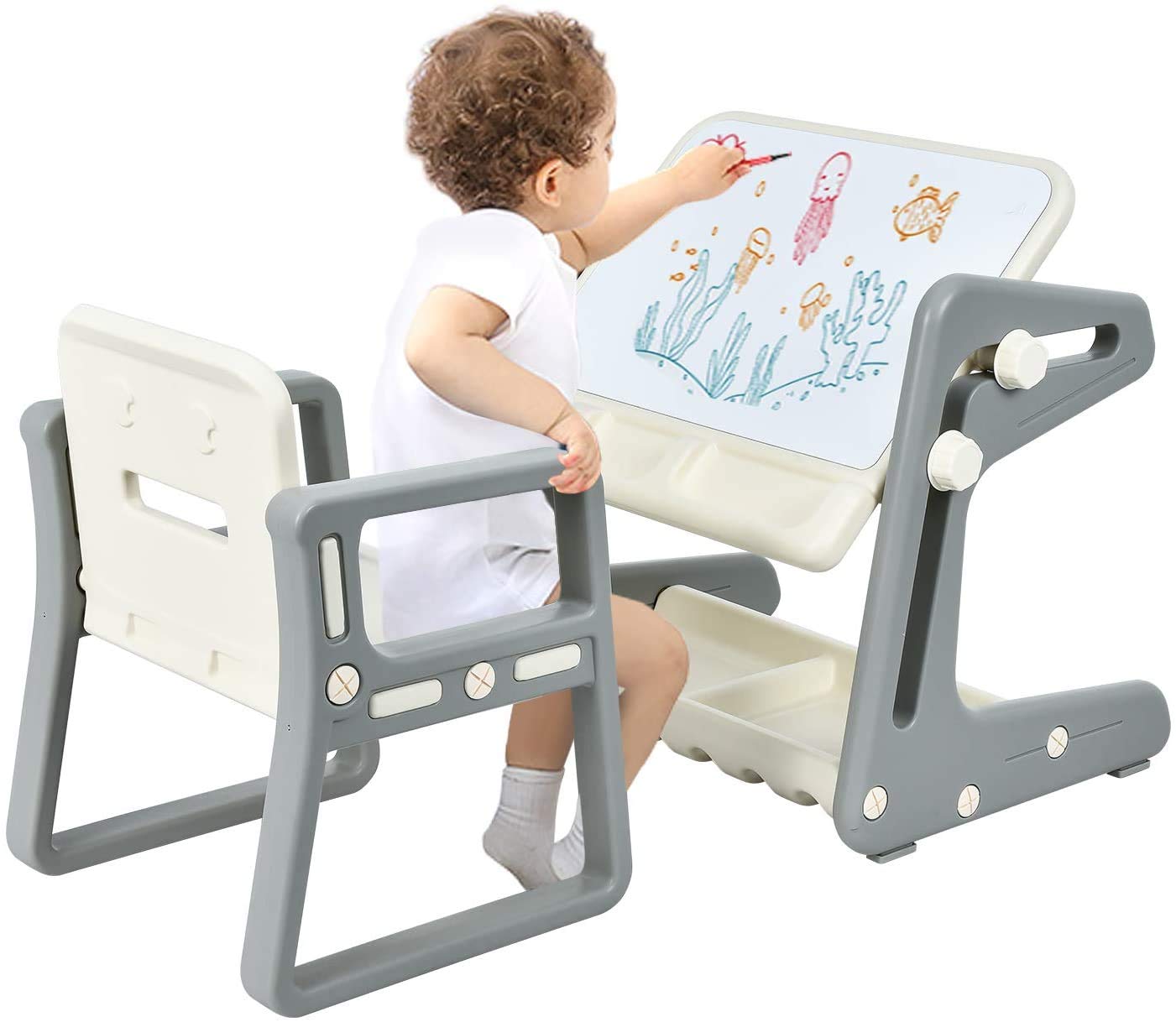 Costzon 2 in 1 Kids Table & Chair, Art Easel w/Adjustable Magnetic Painting Board, Storage Space