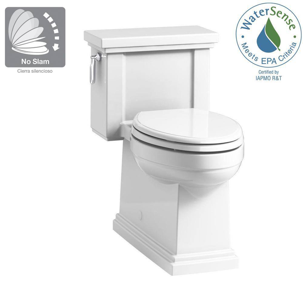 KOHLER Tresham 1-Piece 1.28 GPF Single Flush Elongated Toilet with AquaPiston Flush Technology in White Seat Included K-3981-0