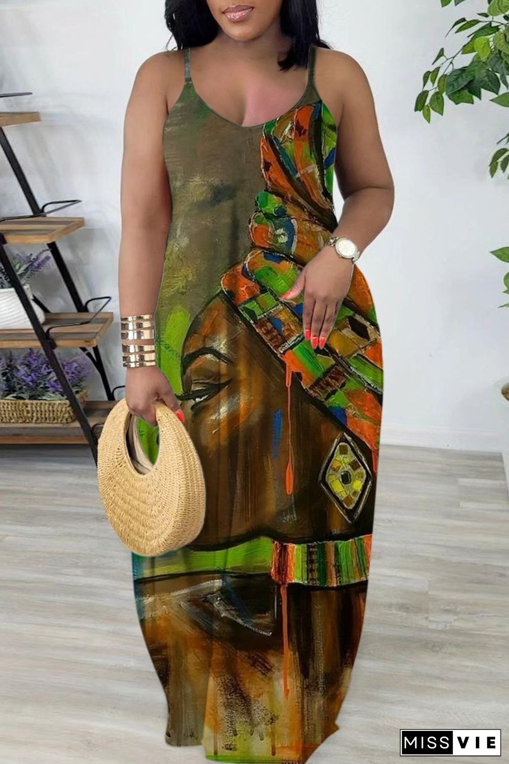 Green Sexy Casual Print Backless Spaghetti Strap Long Dress Dresses