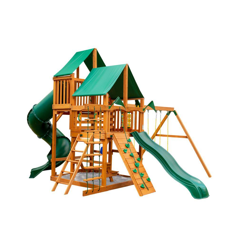 Gorilla Playsets Great Skye I Wooden Outdoor Playset with Green Vinyl Canopy and 2 Wave Slides and Backyard Swing Set Accessories 01-0030-AP-1