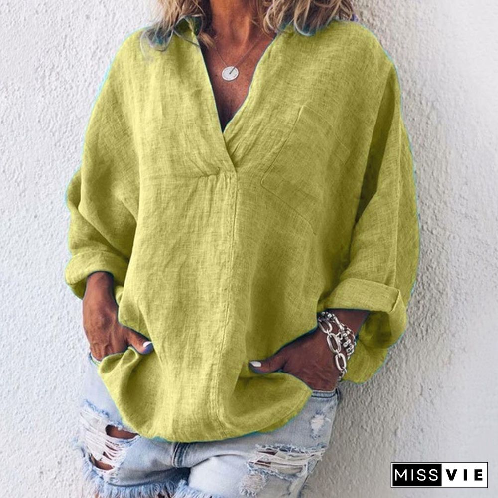 XS-8XL Spring Summer Clothes Plus Size Tops Fashion Women's Tunics Deep V-neck Shirts Ladies Long Sleeve Pullover Loose T-shirts Solid Color Linen Blouses