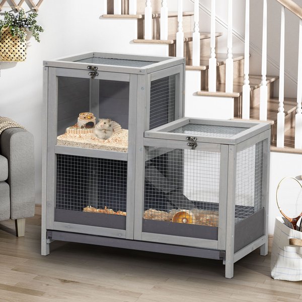 Coziwow 2-Tier Wooden Small Pet Cage， Grey