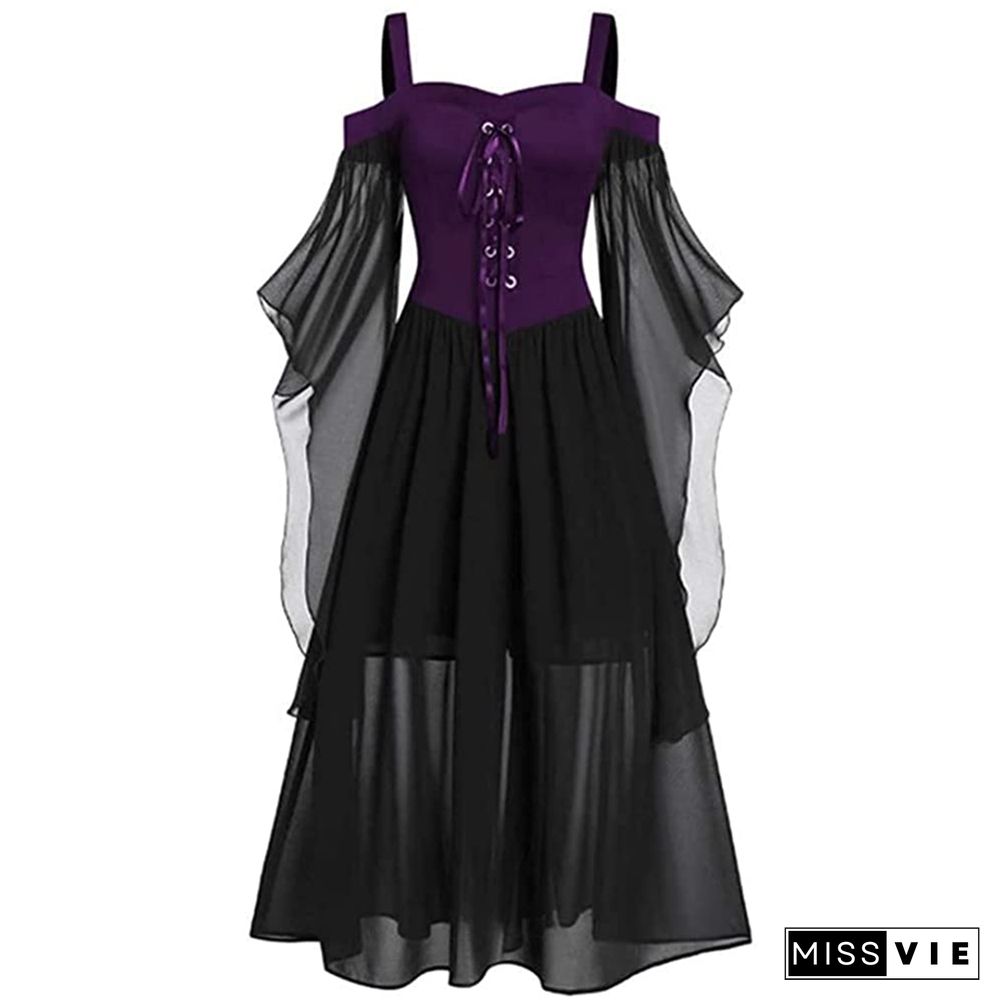 Women's Halloween Witch Cosplay Costumes Gothic Off Shoulder Lace-up Bandage Mesh Sheer A-line Long Cami Dress Party Wear