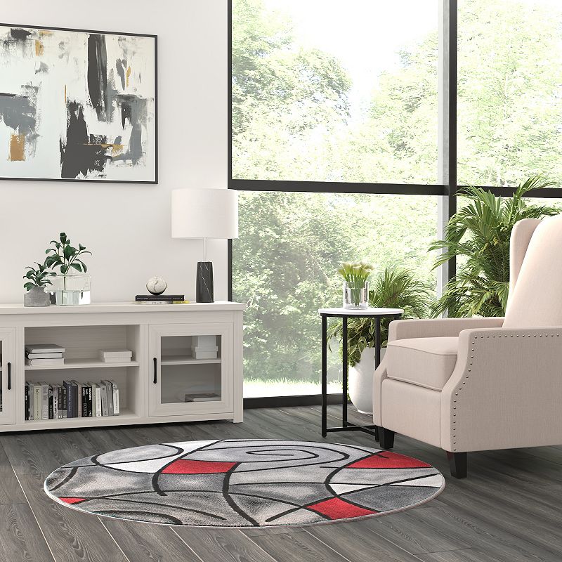 Masada Rugs Masada Rugs Trendz Collection 5'x5' Round Modern Contemporary Round Area Rug in Red， Gray and Black