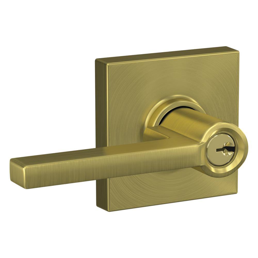 Schlage Latitude Satin Brass Keyed Entry Door Lever with Collins Trim F51A V LAT 608 COL