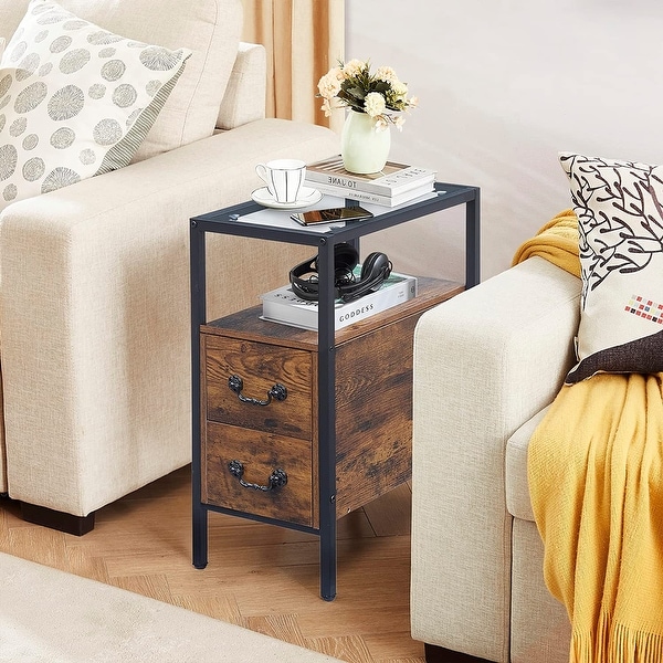 VECELO 2-Drawer Modern Narrow End Table with Glass Top