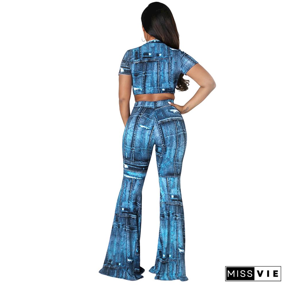 Short Sleeve Crop Top+Bell-bottoms 2 Piece Pants Set