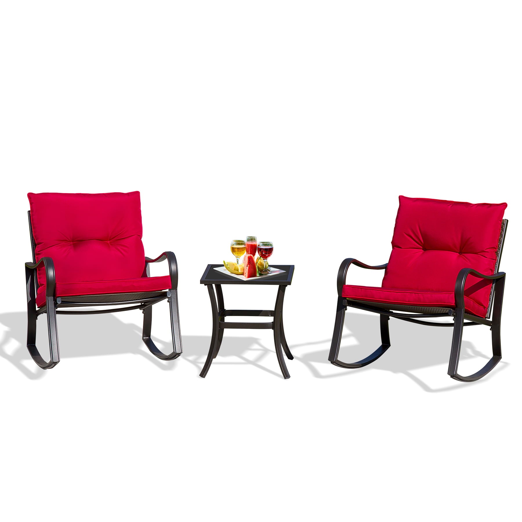 Domi Outdoor Living 3 Pieces Bistro Set Rocking Chairs Thickened Cushion and Glass Top Table (Red)