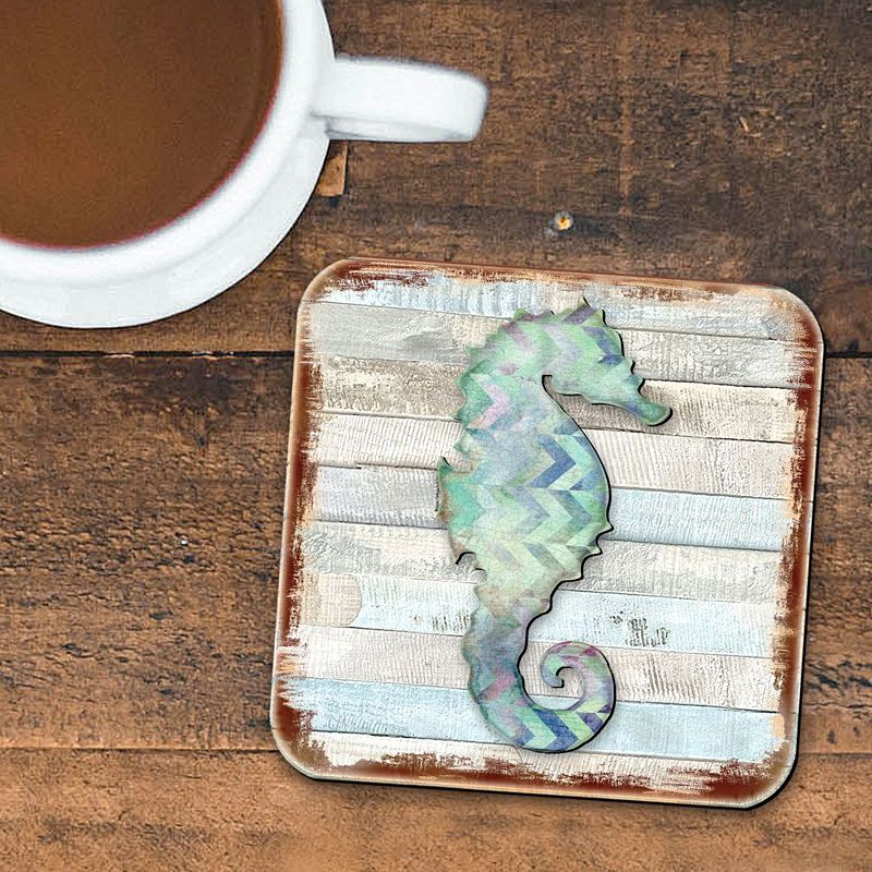 Seahorse Coastal Wooden Cork Coasters Gift Set of 4 by Nature Wonders