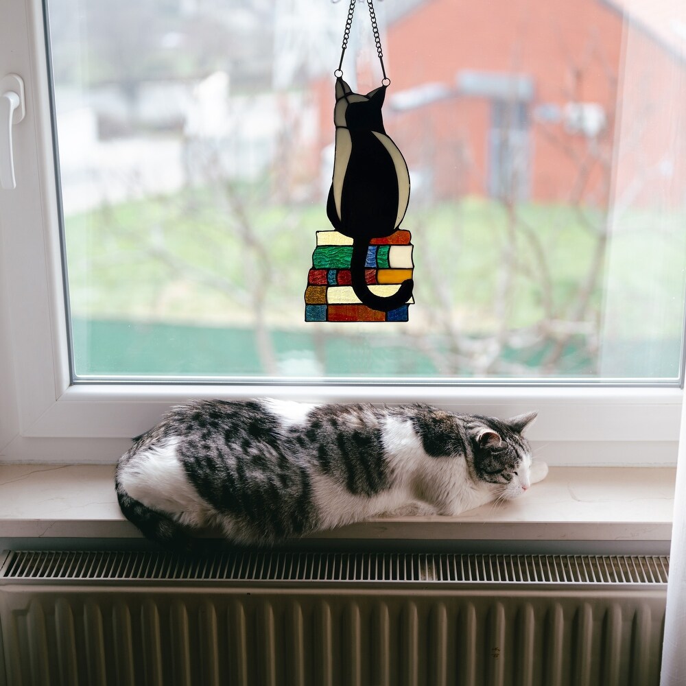 River of Goods Cat on Books River of Goods Stained Glass Vertical Window Panel   6\