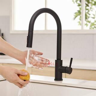 FLG Single Handle Touchless Gooseneck Pull Down Sprayer Kitchen Faucet Modern Smart 1 Hole Solid Brass Taps in Matte Black CC-0138-MB