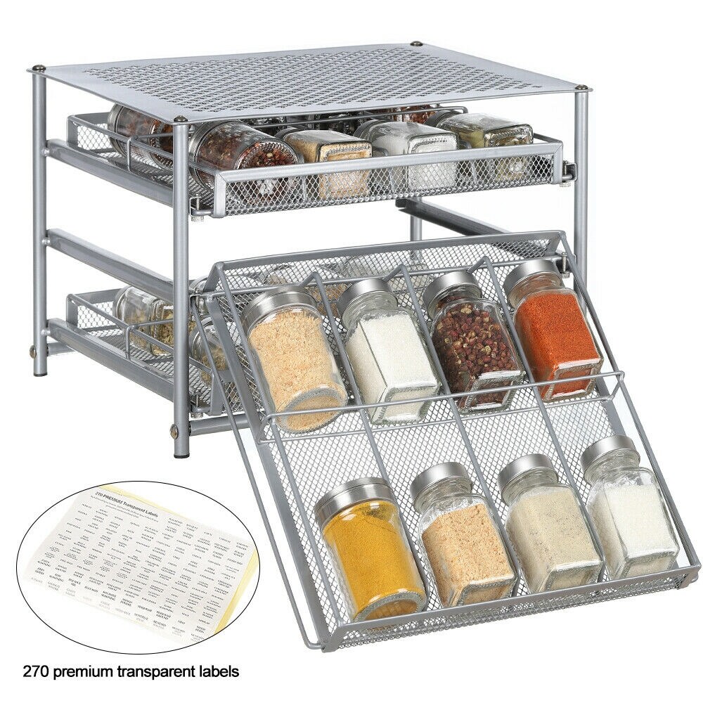 24-Bottle Spice Rack with Drawer Organizer， 3-Tier Metal