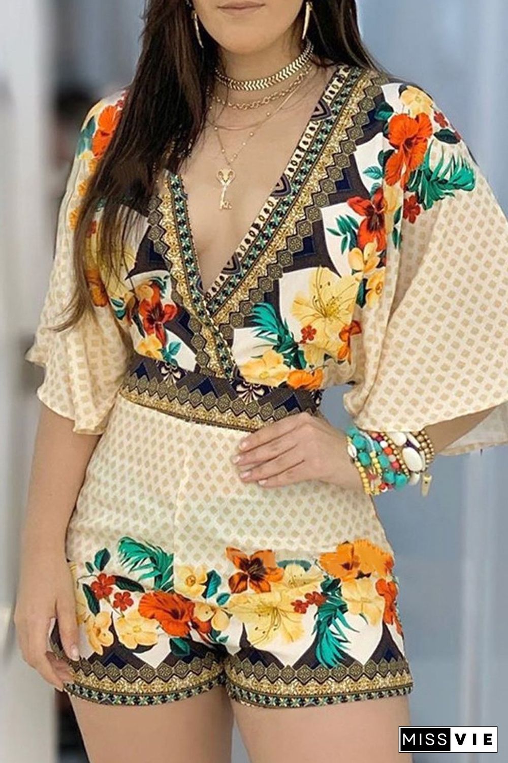 Floral Wide Sleeve V-Neck Romper