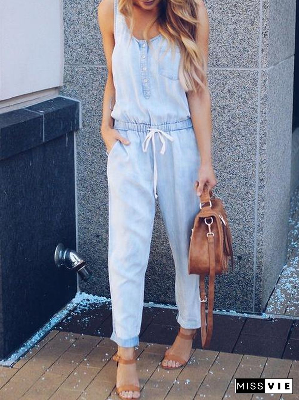 Slim Sleeveless Waistband Denim Jumpsuit