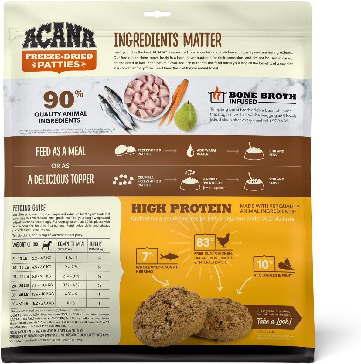 ACANA Chicken Recipe Patties Grain-Free Freeze Dried Dog Food and Topper， 14-oz bag