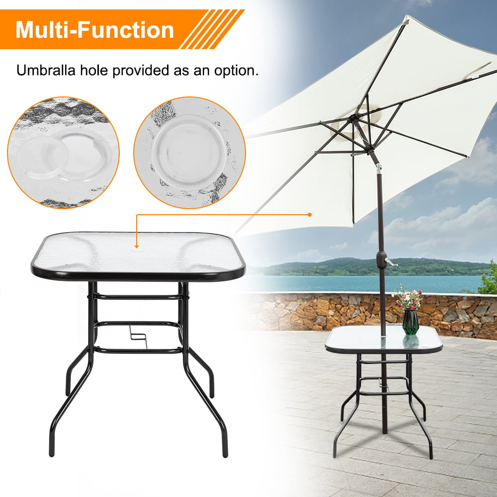 VINGLI 32 Outdoor Dining Table with Umbrella Hole Coffee Side Table, Square Tempered Glass Bistro Table Steel Frame, Outside Banquet Furniture for Balcony Garden Deck Lawn