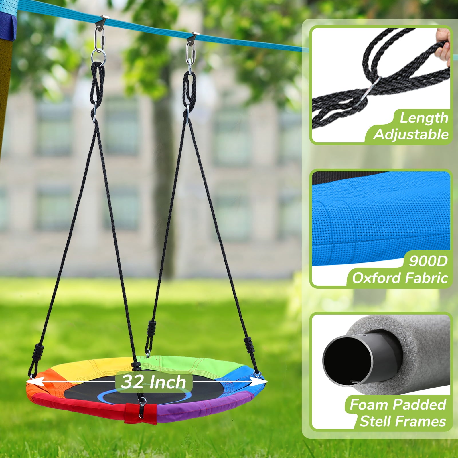 Jugader 50ft Ninja Warrior Hanging Obstacle Course Slackline Monkey Bars with Saucer Tree Swing Seat