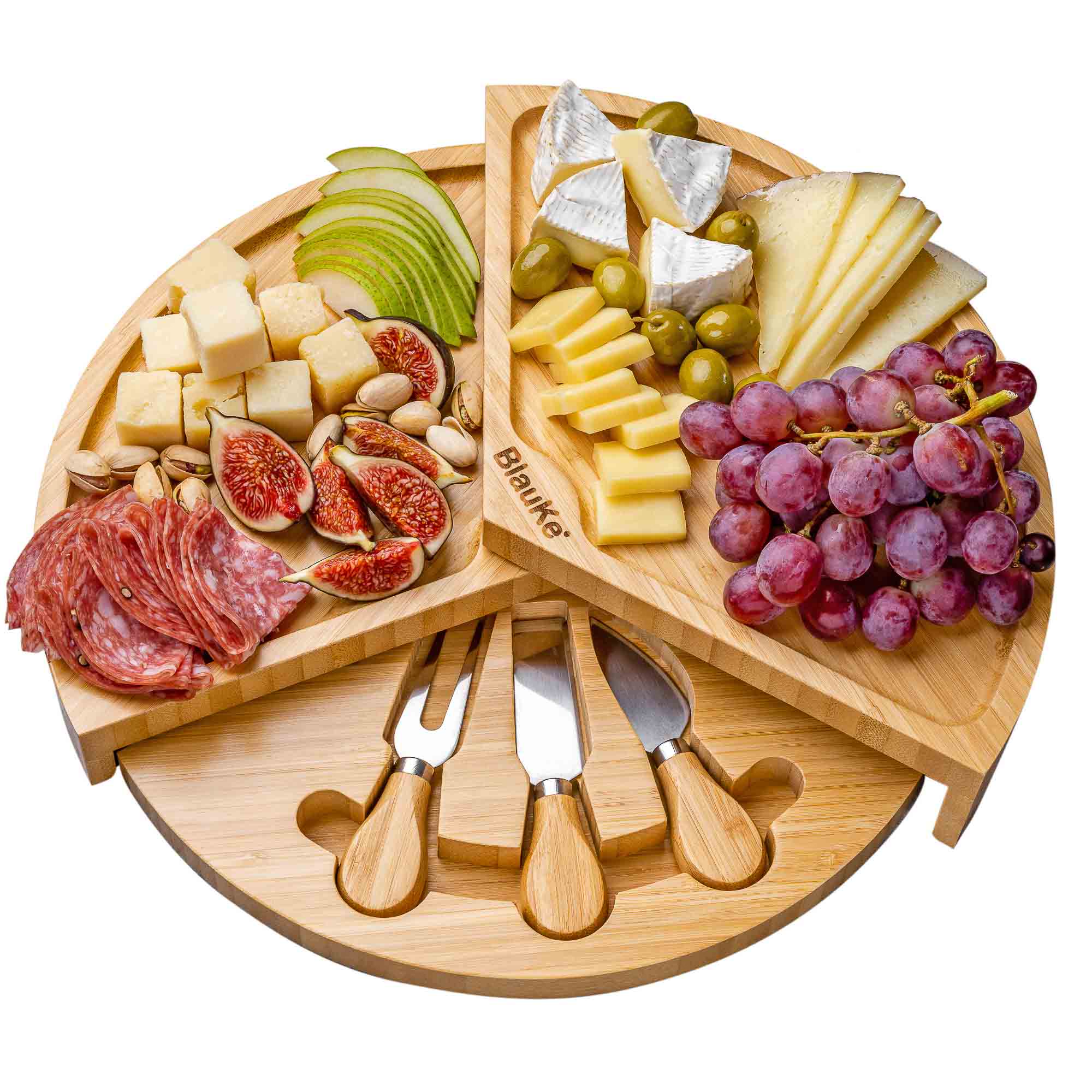 BlauKe® Bamboo Cheese Board and Knife Set – 14 inch Round Charcuterie Board， Serving Tray， Platter， Wood Cheese Board Set with Slide-Out Drawer