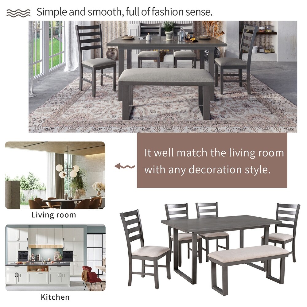 6 Pieces Premium Unique Dining Table Set with 4 Slat Back Chairs Upholstered Bench