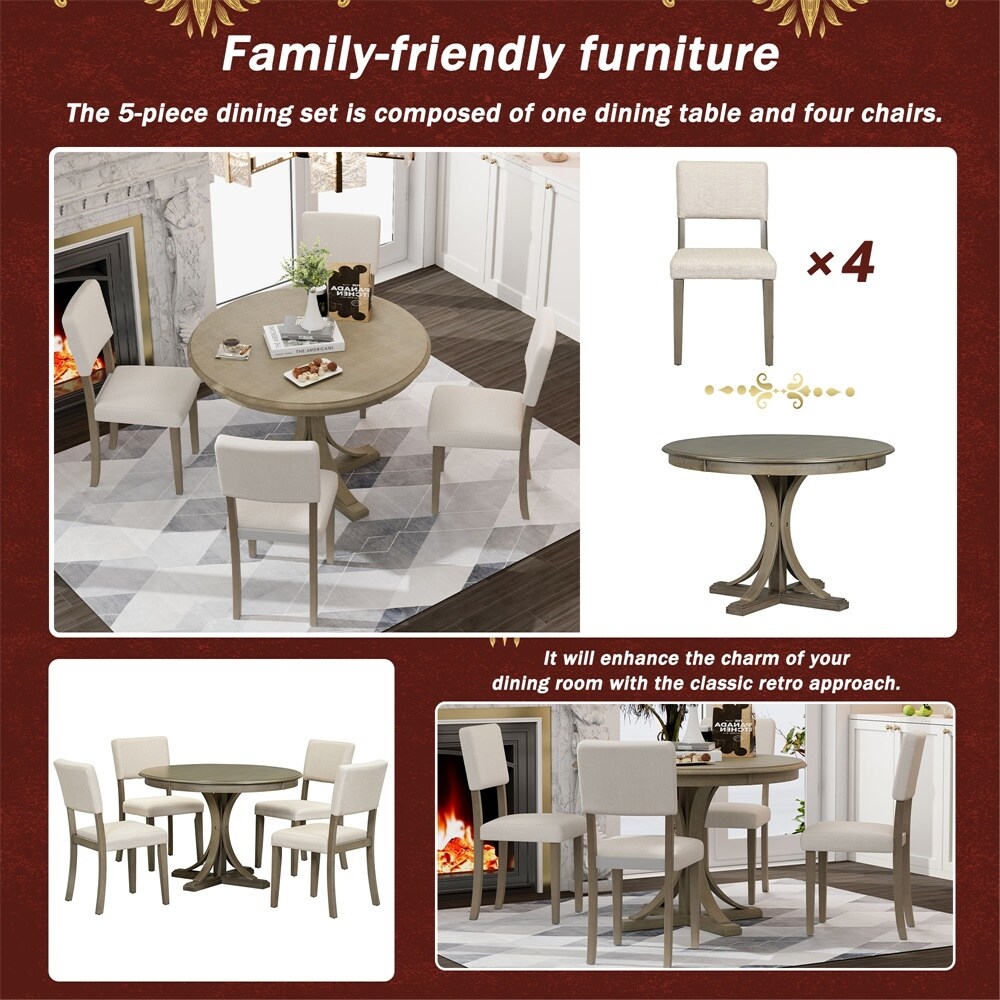 5 Piece Round Dining Table Set with Table and 4 Upholstered Chairs