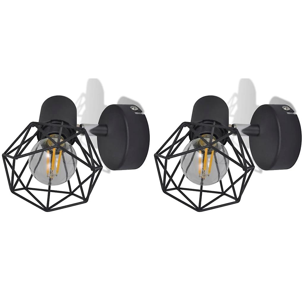 2 black wall chandeliers industrial style wire frame with LED bulb