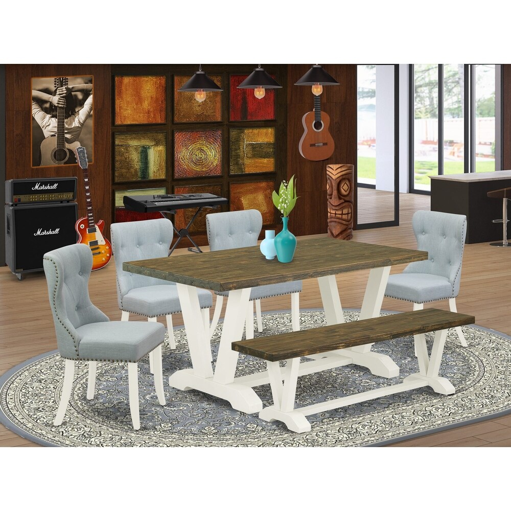 East West Furniture Dining Set  a Dining Table and Baby Blue Linen Fabric Parson Chairs  Linen White(Pieces Options)