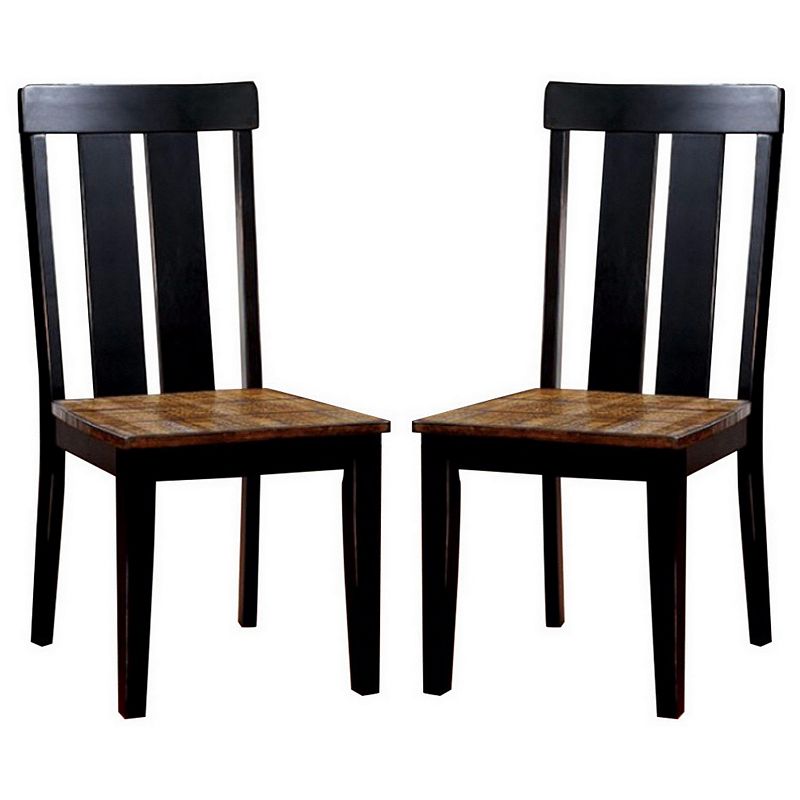 Wooden Slatted Back Side Chairs with Plank Seat， Set of 2， Black and Brown