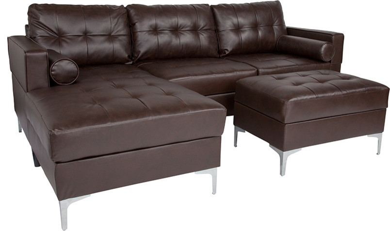 Tufted Back Sectional  Left Side Facing Chaise  Ottoman Set  Brown Leather   Contemporary   Sectional Sofas   by Morning Design Group  Inc  Houzz