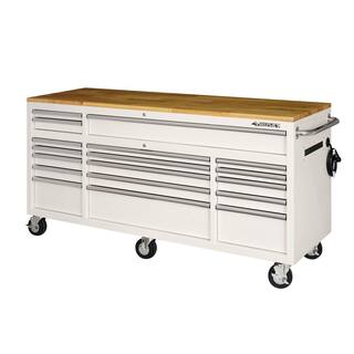 Husky 72 in. W x 24 in. D Standard Duty 18-Drawer Mobile Workbench Tool Chest with Solid Wood Top in Gloss White HOTC7218BJ1M