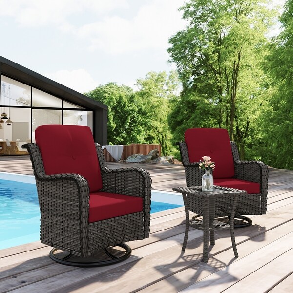 Outdoor 3 Pieces Rattan Wicker Bistro Set Swivel Rocker With Cushion and Table