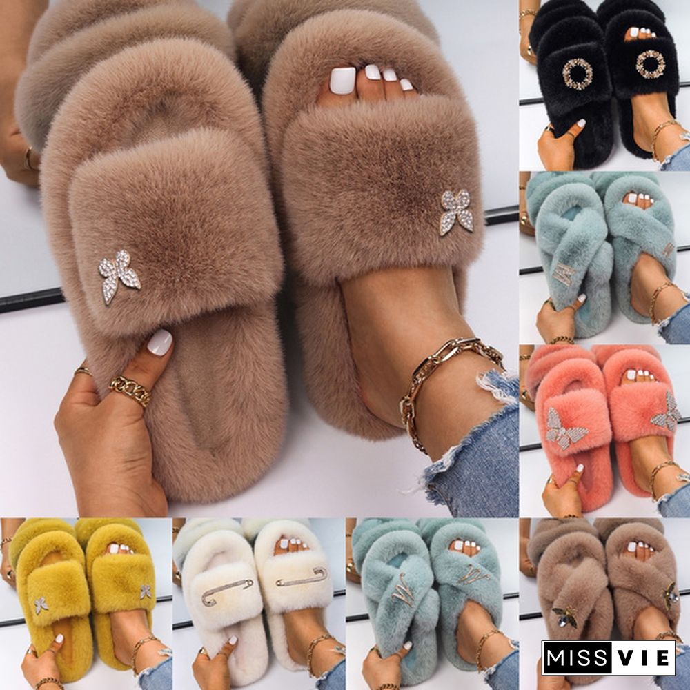 Fluffy Warm Women Home Slippers Fur Rhinestone Crystal Platform Shoes Indoor Flip Flops Female Soft Casual Slides Cotton Fur Slippers