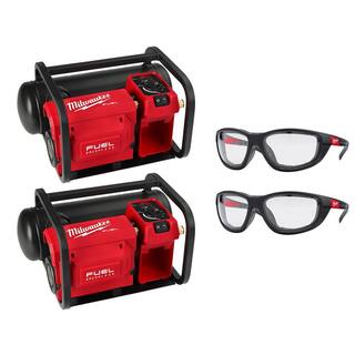 MW M18 FUEL 18-Volt Lithium-Ion Brushless 2 Gal. Compact Quiet Compressor (2-Tool) and Performance Safety Glasses (2-Pack) 2840-20-48-73-2040X2