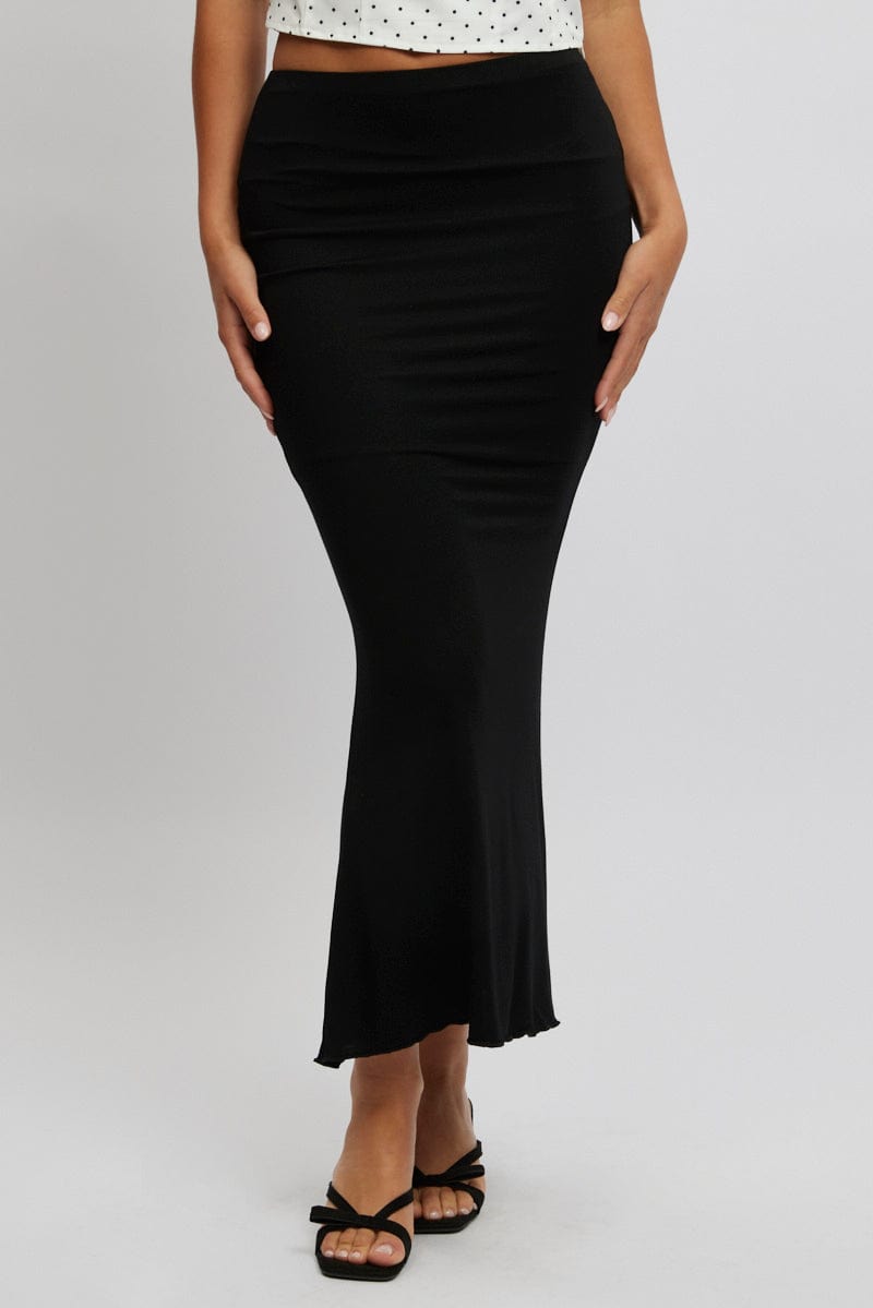 Black Maxi Skirt Elastic Waist Modal Blend Lined